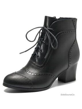 Faux Leather Lace Up Ankle Booties Side Zip Block Heel Victorian Boots